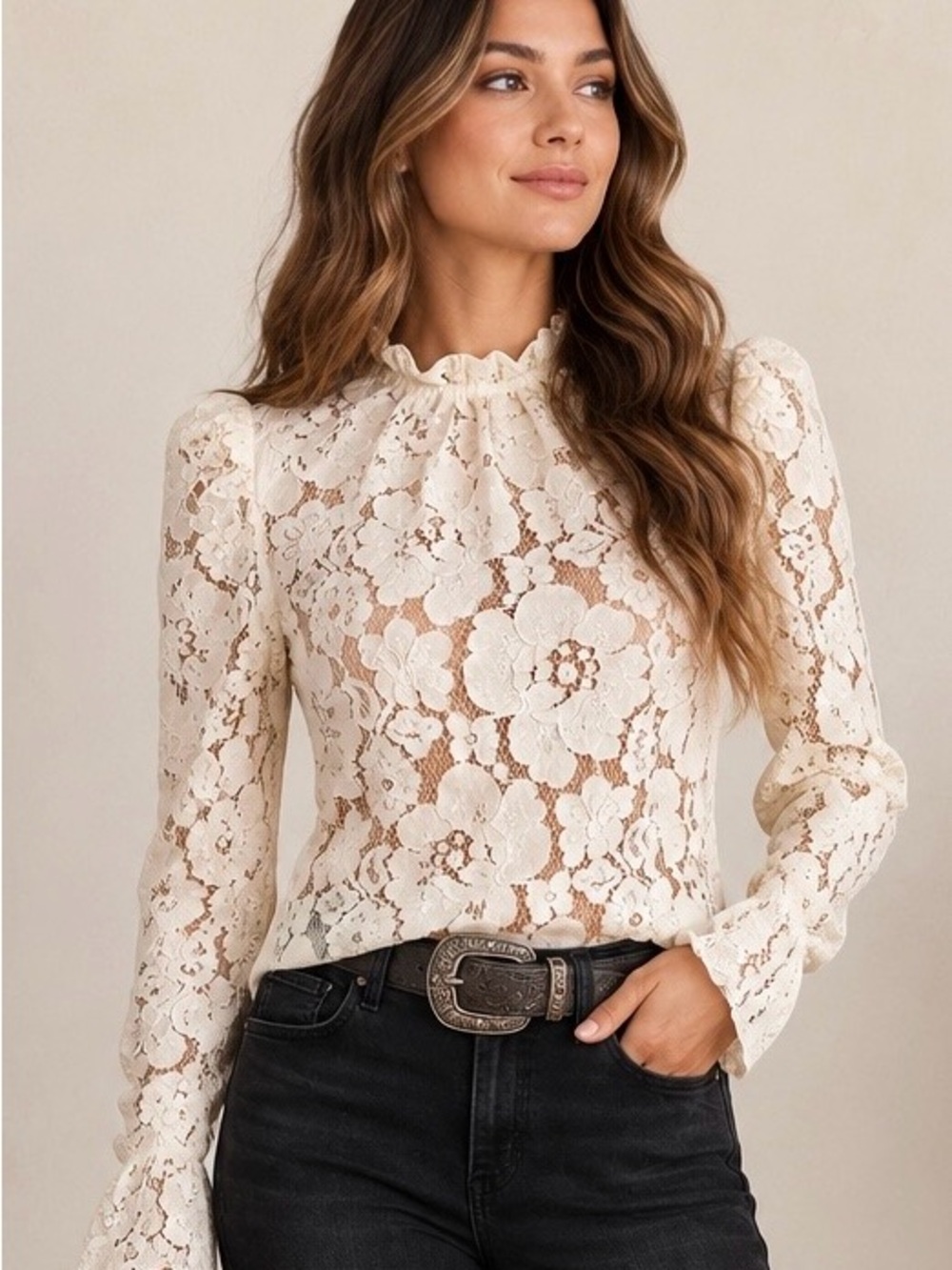 WAYF Women’s Small Ivory Floral Lace Blouse Puff Sleeve Ruffle Neck NWT Cami - Picture 2 of 9